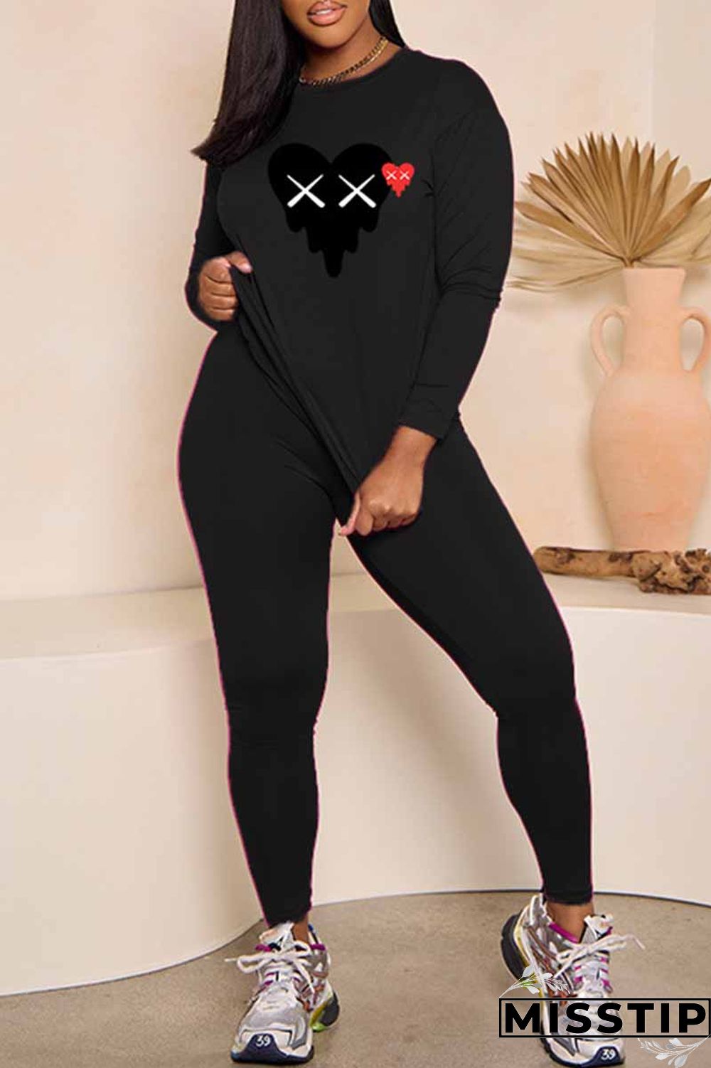 Black Casual Print Patchwork O Neck Long Sleeve Two Pieces