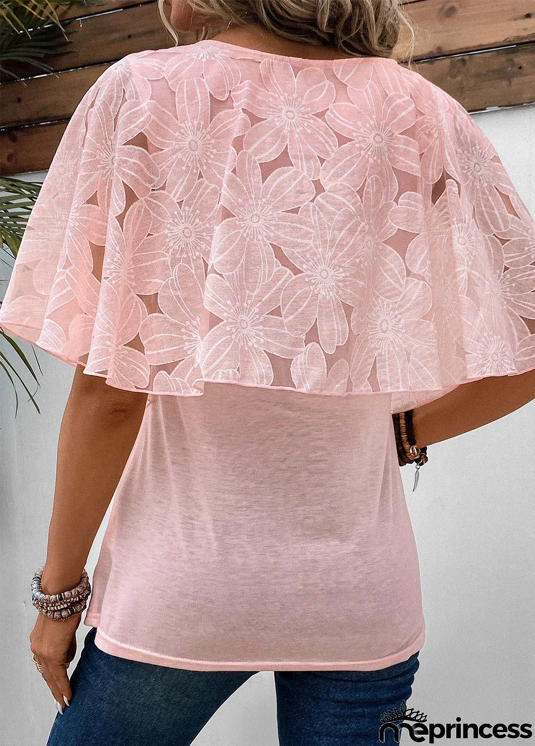 Pink Button Half Sleeve Round Neck Blouse