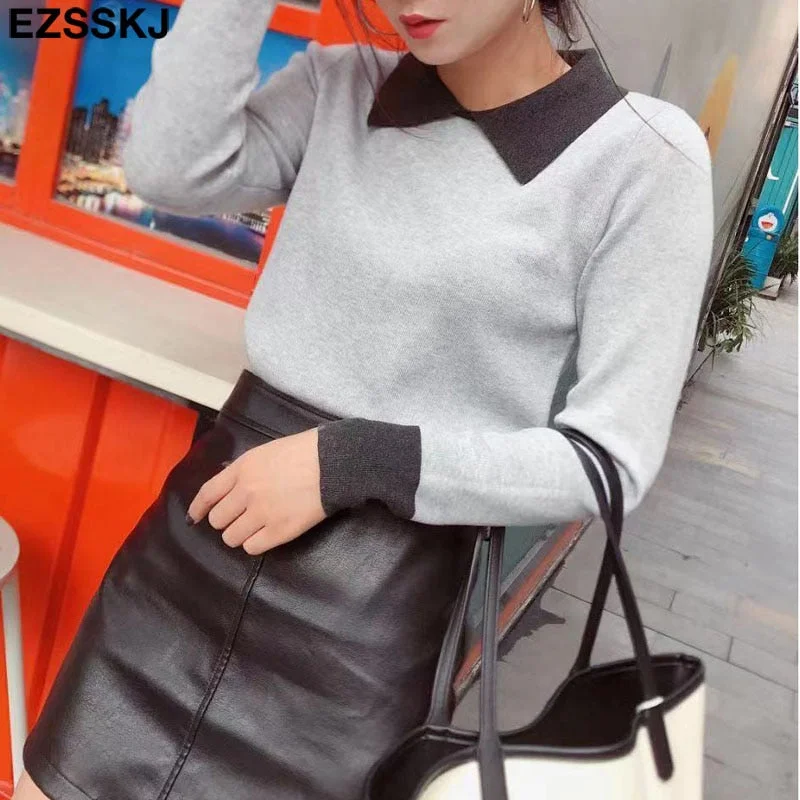 Ezsskj turndown collar thin Sweater Pullover parchwork Women Casual Long Sleeve chic bottom Sweater Female Jumpers top