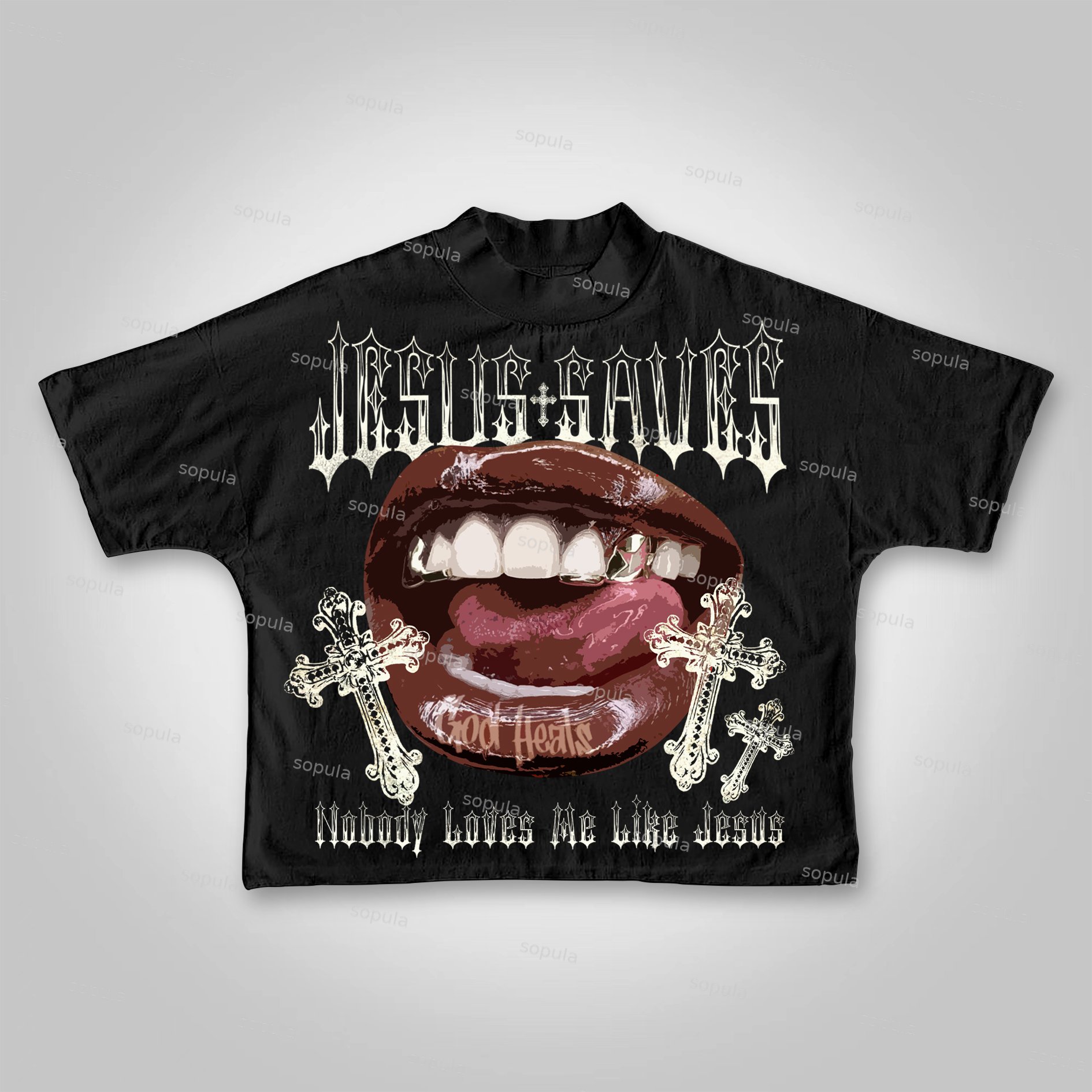 Sopula Jesus Saves Lips Cross Graphic Cropped T-shirt - SOPULA