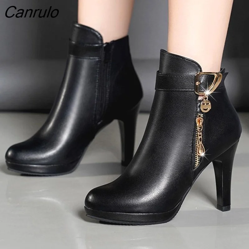 Canrulo Women Boots Autumn Ankle Boots For Women Thin Heel Zipper Casual Female Shoes Leather Boots Botas women shoes