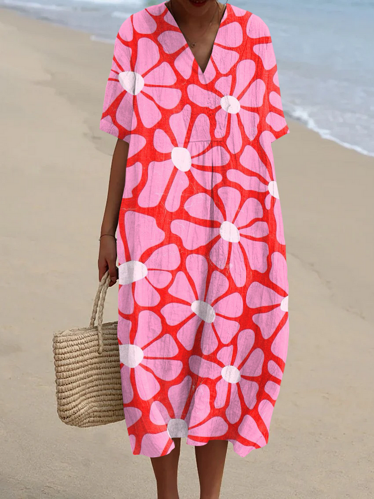 Vintage Pink Floral Print V-Neck Short Sleeve Resort Dress