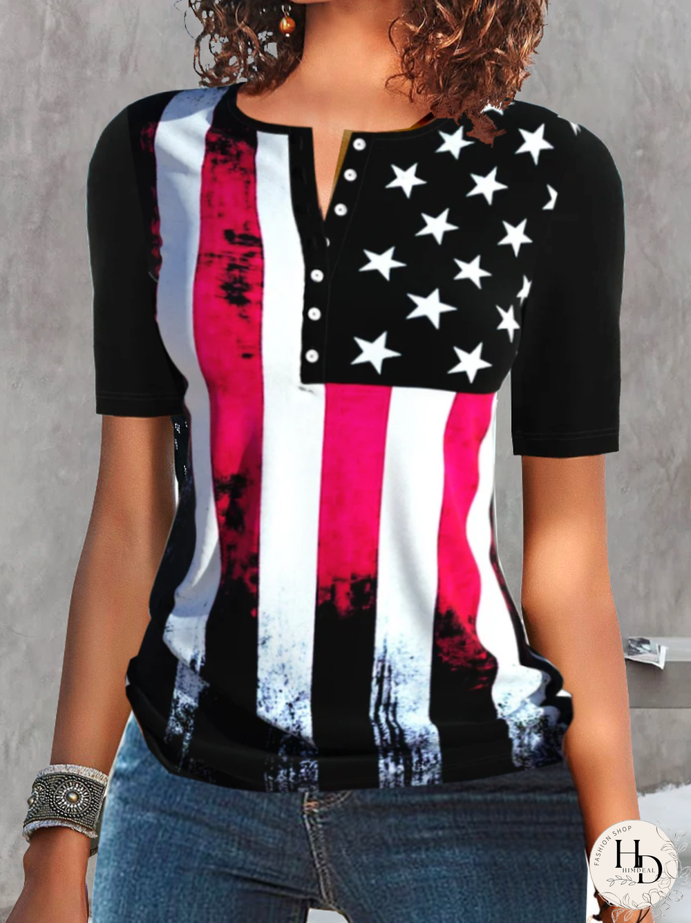 Casual Henley Printed Short Sleeve T-Shirt