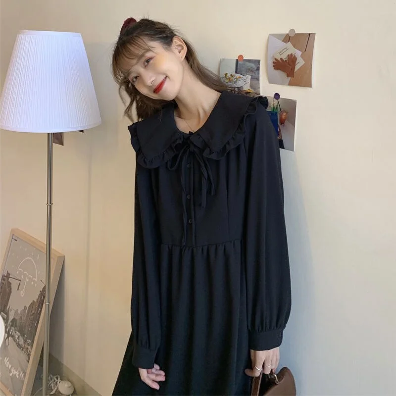 Long Sleeve Dress Women Peter Pan Collar Solid Kawaii Harajuku Mori-girls Elegant A-line Ruffles Chic Fashion Lace-up Vestido