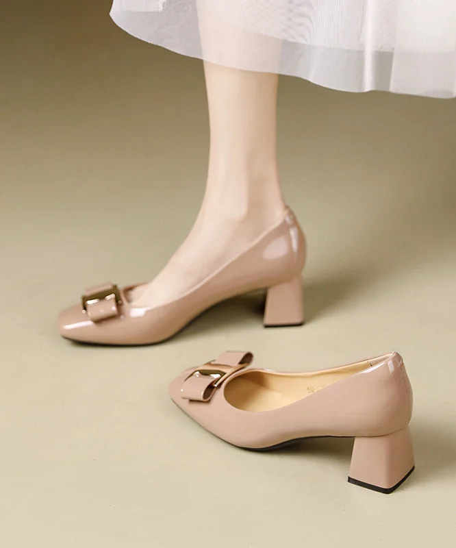 Apricot Faux Leather Chunky High Heels Splicing Bow