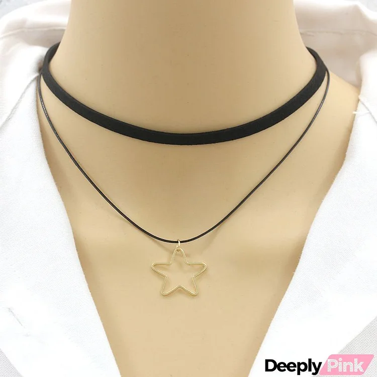 Women Fashion Hollow Stars Geometric Pendant Doubel-Layer Necklace