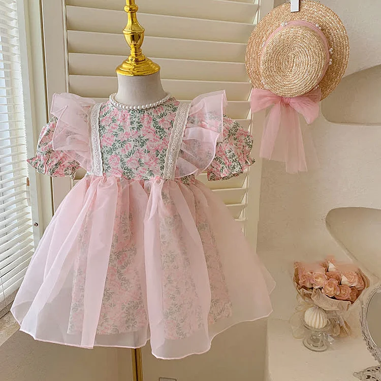 Toddler Girls Floral Print Puff Sleeve Tulle Princess Dress - Modakawa modakawa