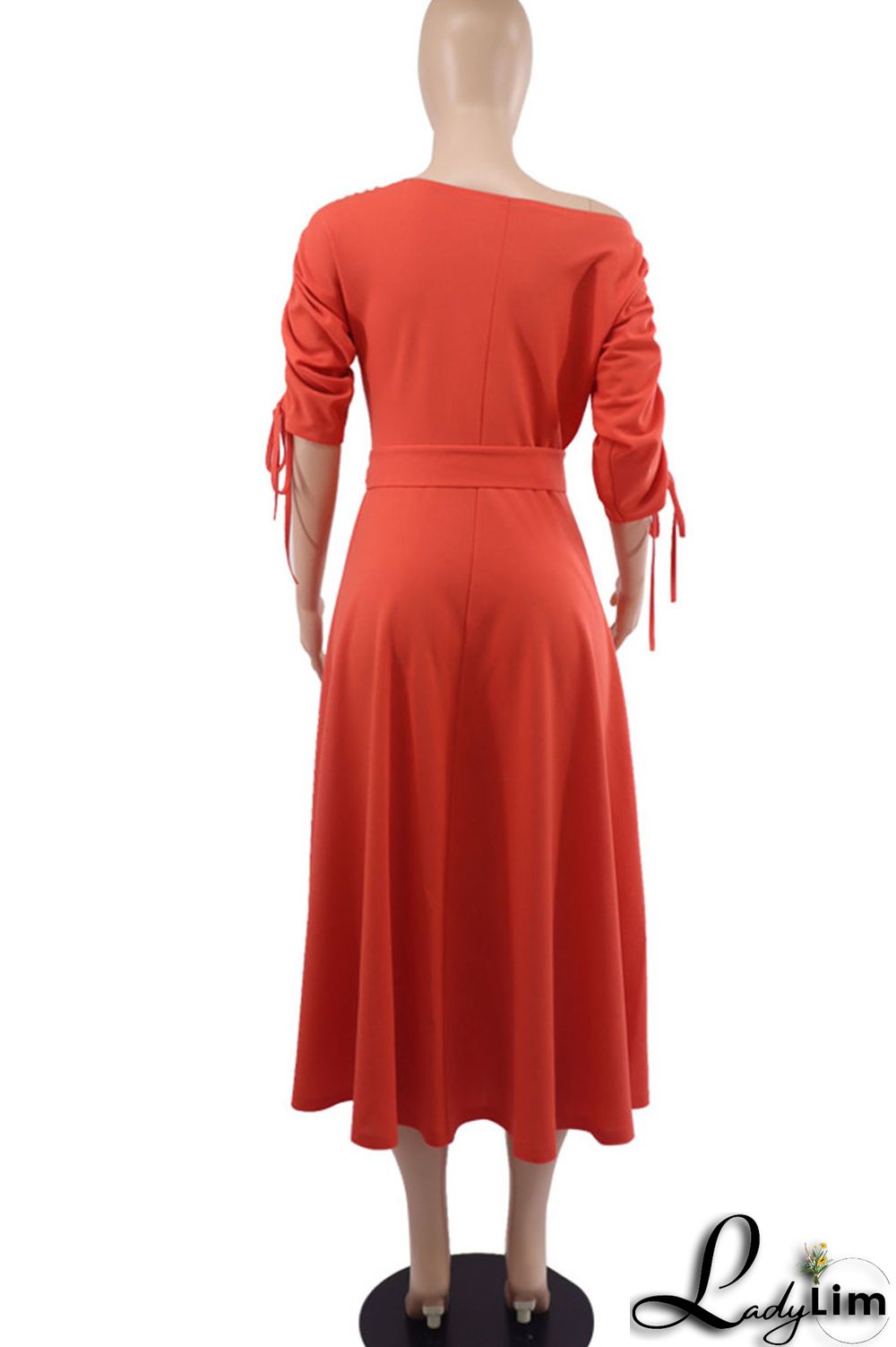 Red Casual Elegant Solid Patchwork Draw String Fold Oblique Collar Dresses