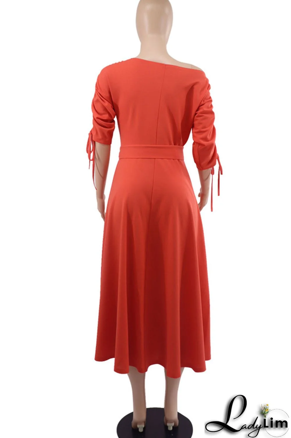 Red Casual Elegant Solid Patchwork Draw String Fold Oblique Collar Dresses