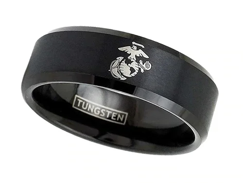 Black Laser Etched United States Marines Logo Rings With Mens And Womens For Width 6MM 8MM