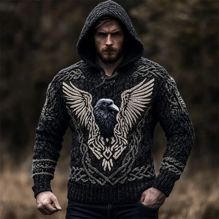 Men's Viking Raven Inspired Celtic Chunky Hooded Sweater