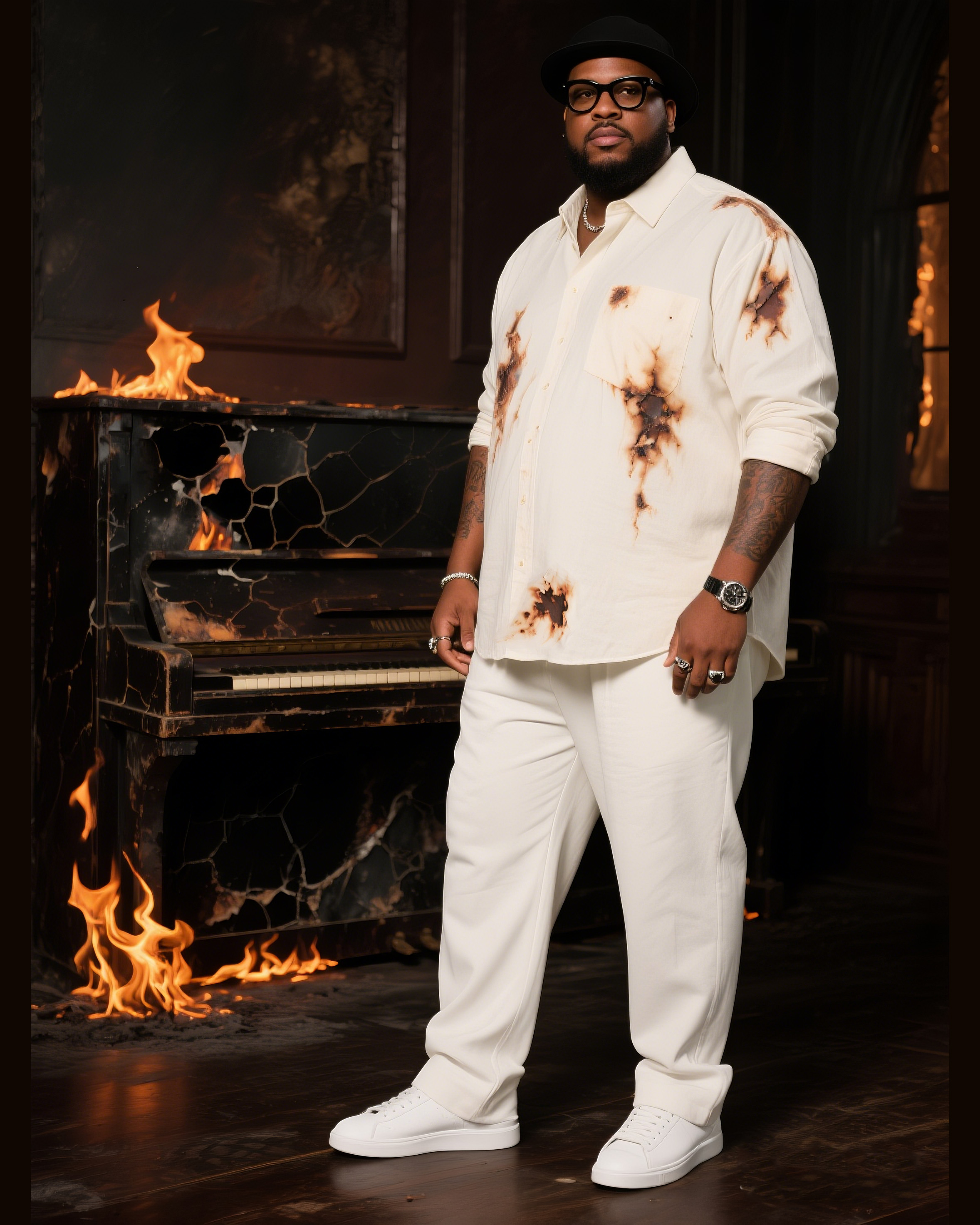 Big Boy Essential 2025 Fashion Art Flame Burn Mark Simple Long Sleeve Shirt Trousers Suit