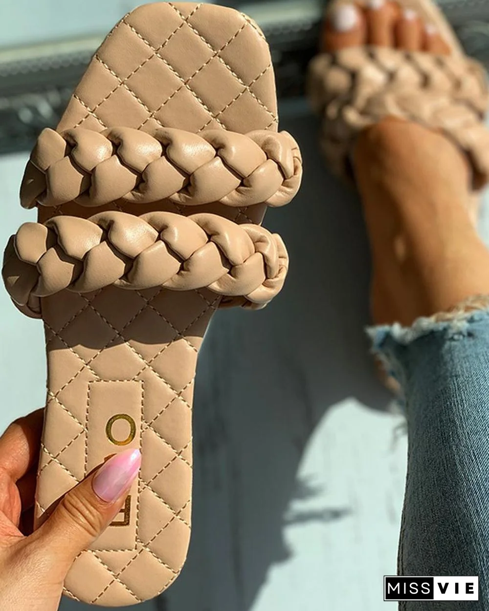 Quilted Square Toe Braided Flat Sandals