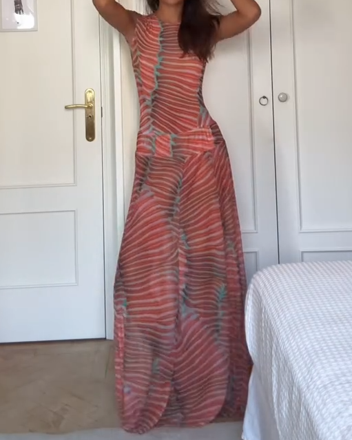 Crew Neck Bodysuit and Skirt Print Two Piece Set