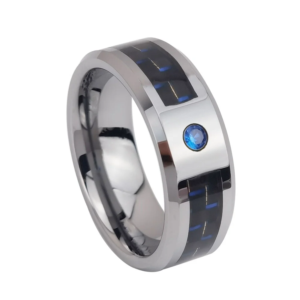 6MM 8MM Mens Women Tungsten Blue Cz Blue Carbon Fiber Inlay Men Womens Wedding Bands Comfort Fit Couple