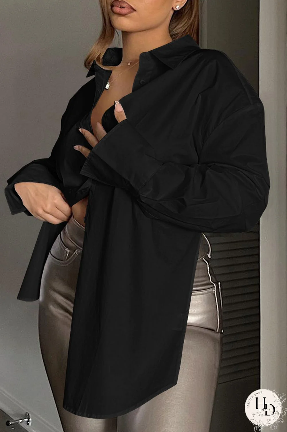 Black Casual Solid Frenulum Backless Asymmetrical Shirt Collar Tops