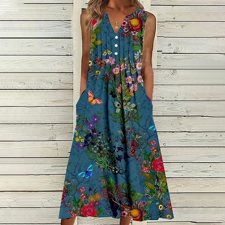 Flower Printed Pleat V Neck Midi Dress