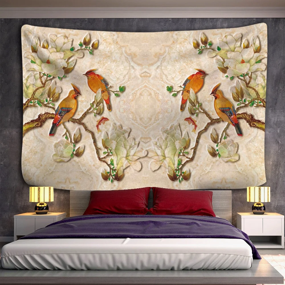 Flower Bird Oil Painting Tapestry Wall Hanging Bohemian Hippie Witchcraft Art Psychedelic Table Mat Home Decor