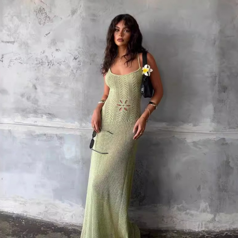 Ootddress Summer Knit Bandage Maxi Dress Female Hollow Out See-Through Printed High Waist Backless Beach Holiday Women Long Dress