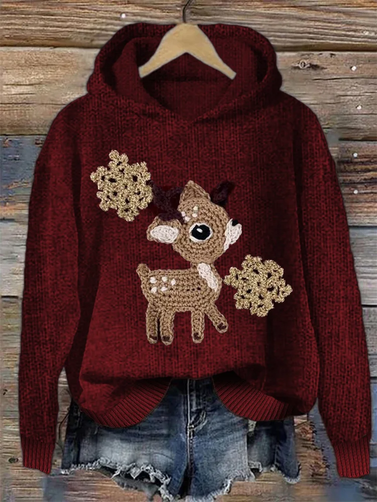 🔥kukelife🔥Christmas Reindeer Crochet Art Cozy Knit Hoodie