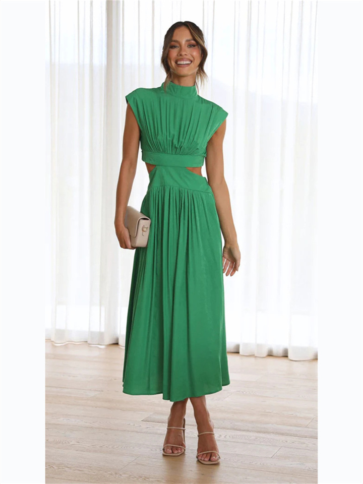 Sweet Fashion Street Summer Model Pleated Sleeveless Collar Macaroon Color Waistless Oversized Hem Skirt Long Dress