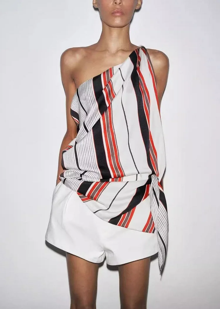 Chic Asymmetrical Striped Tie Waist Shirt Sleeveless