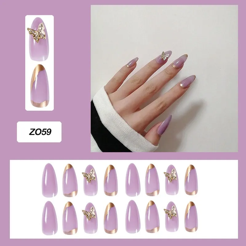 24pcs Butterfly decorated false nails Removable Long Paragraph Fashion Manicure press on nail tips full cover acrylic for girls-Nail Inspo