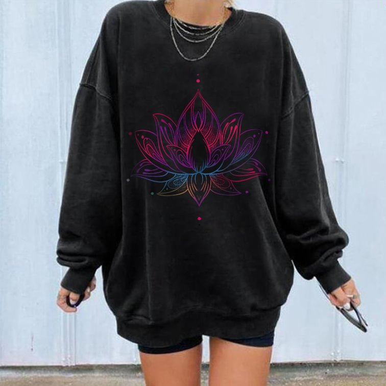 Mysterious Lotus Print Loose Crew Neck Sweatshirt