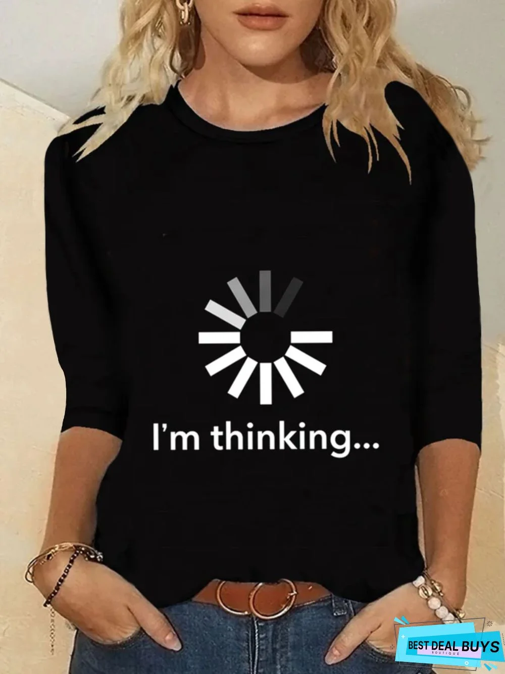 I'm Thinking Long Sleeve Round Neck Printed Top T-shirt