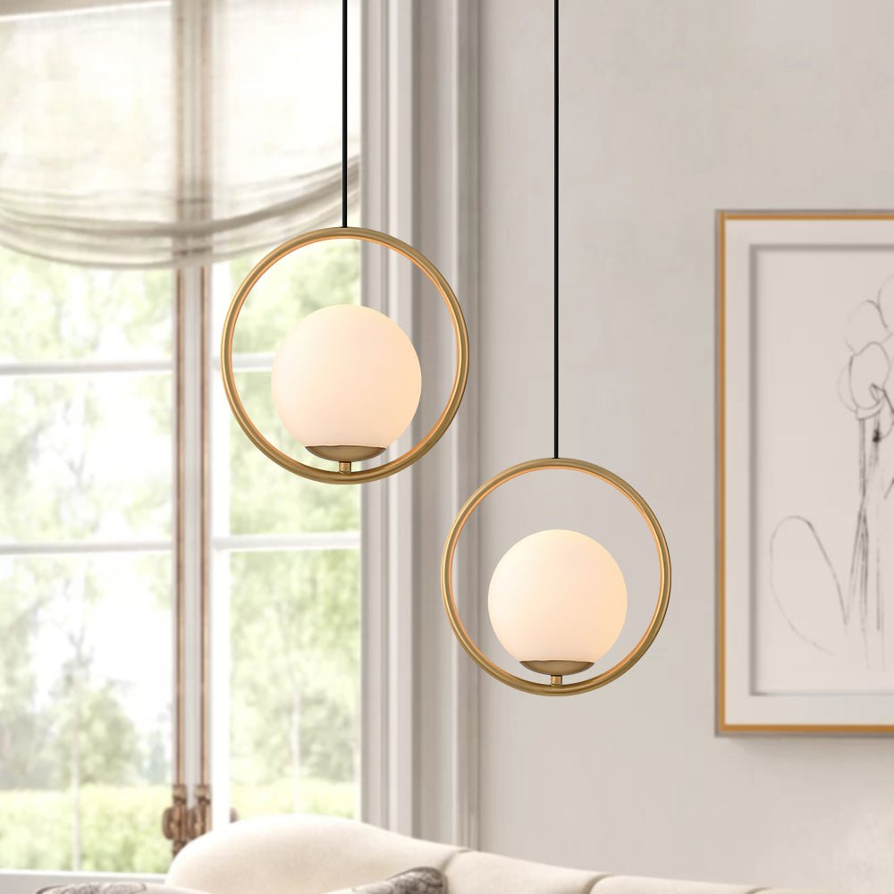 1-Light Gold Circle Opal Glass Globe Pendant Light