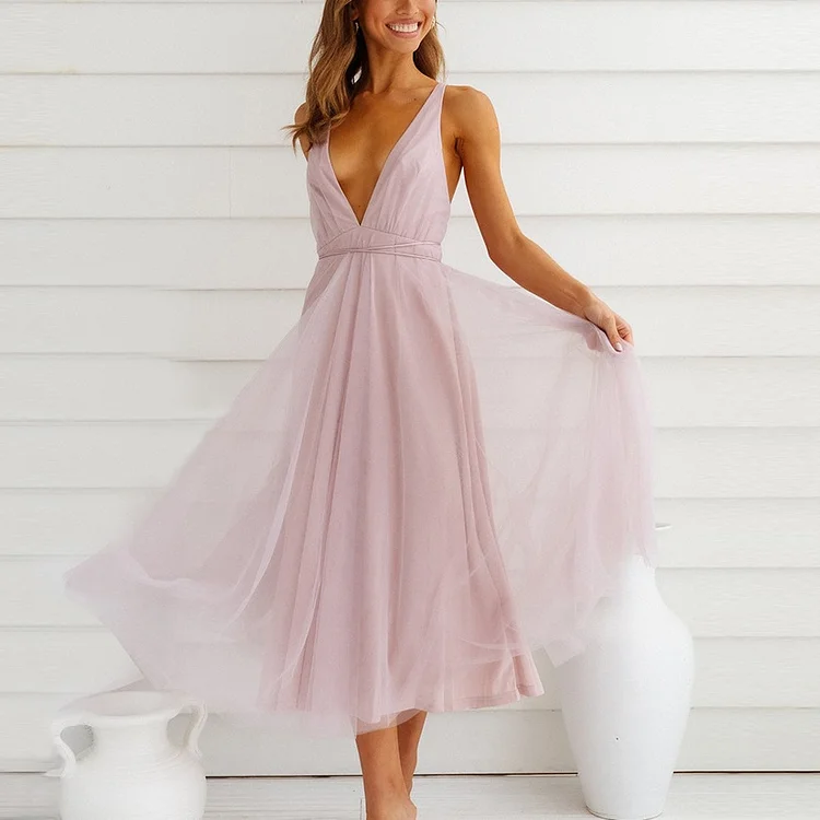 Summer Cinderella Midi Dress Mesh V-neck Flowy Dress