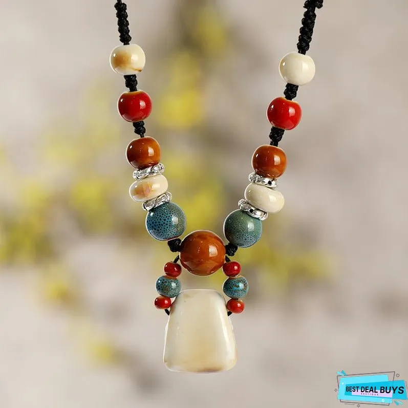 Retro Ethnic Style Ceramic Necklace for Womens Simple Collar Chain Versatile Red Pendant