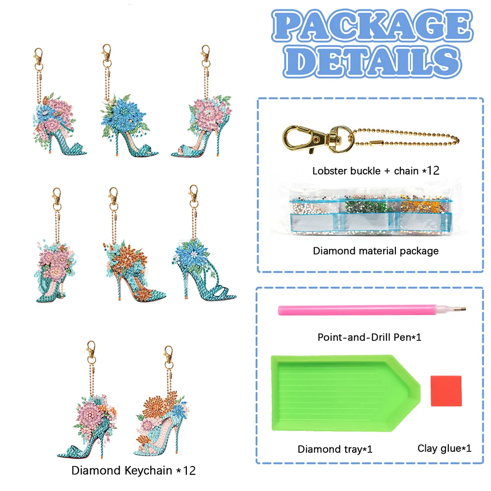 8pcs DIY Flower High Heels Diamond Keychains Pendant Double Sided Diamond Art Keychains