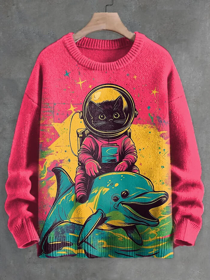 Men's Diver Cat Riding A Dolphin Art Print Knit Sweatshirt
