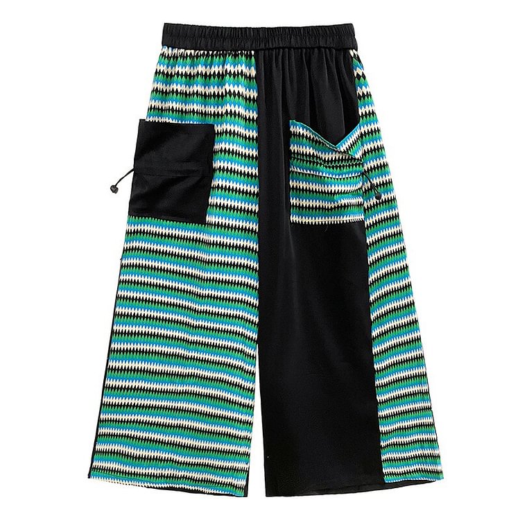 Design Splicing Drawstring Pocket Asymmetrical Printed Patchwork Wide Leg Pants  