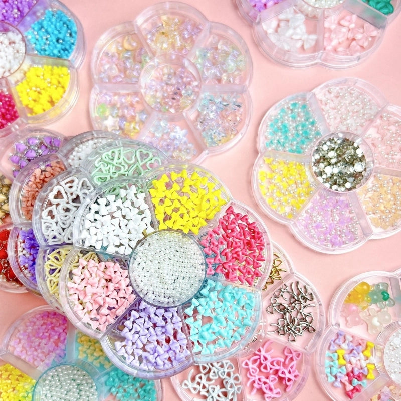 7-Grid Mixed Bow Pearl Nail Beauty Ornament Girl's Style Mini Small Bow Tie Nail Material Package Box
