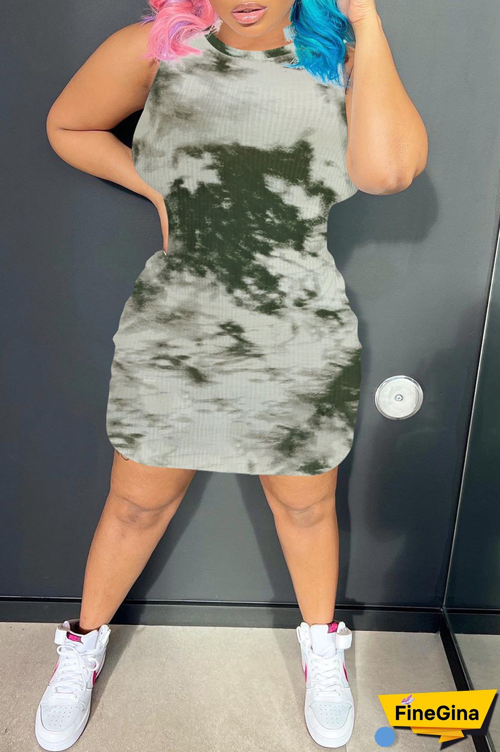 Black Casual Print Tie Dye Basic O Neck Sleeveless Dress Dresses