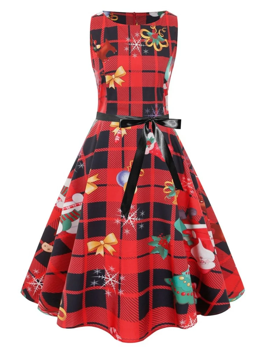 Plaid Dress Vintage Hepburn Sleeveless Christmas Printed Bowknot Swing Dress