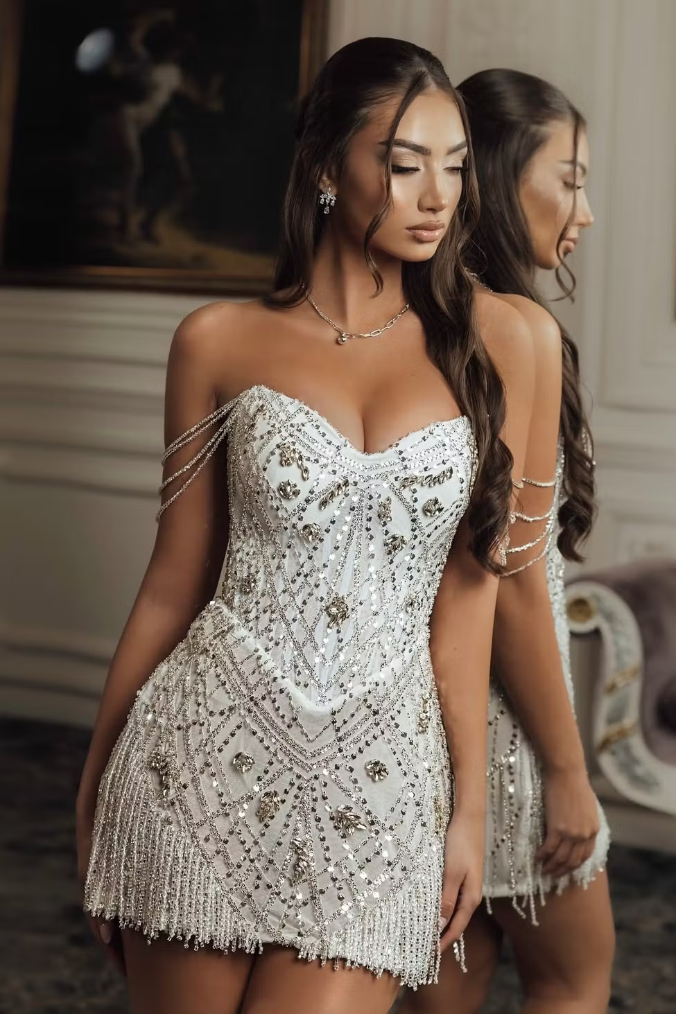 Strapless Sleeveless High-Waisted Short Homecoming Dress With Rhinestones And Tassels Wellcucu WQ1114