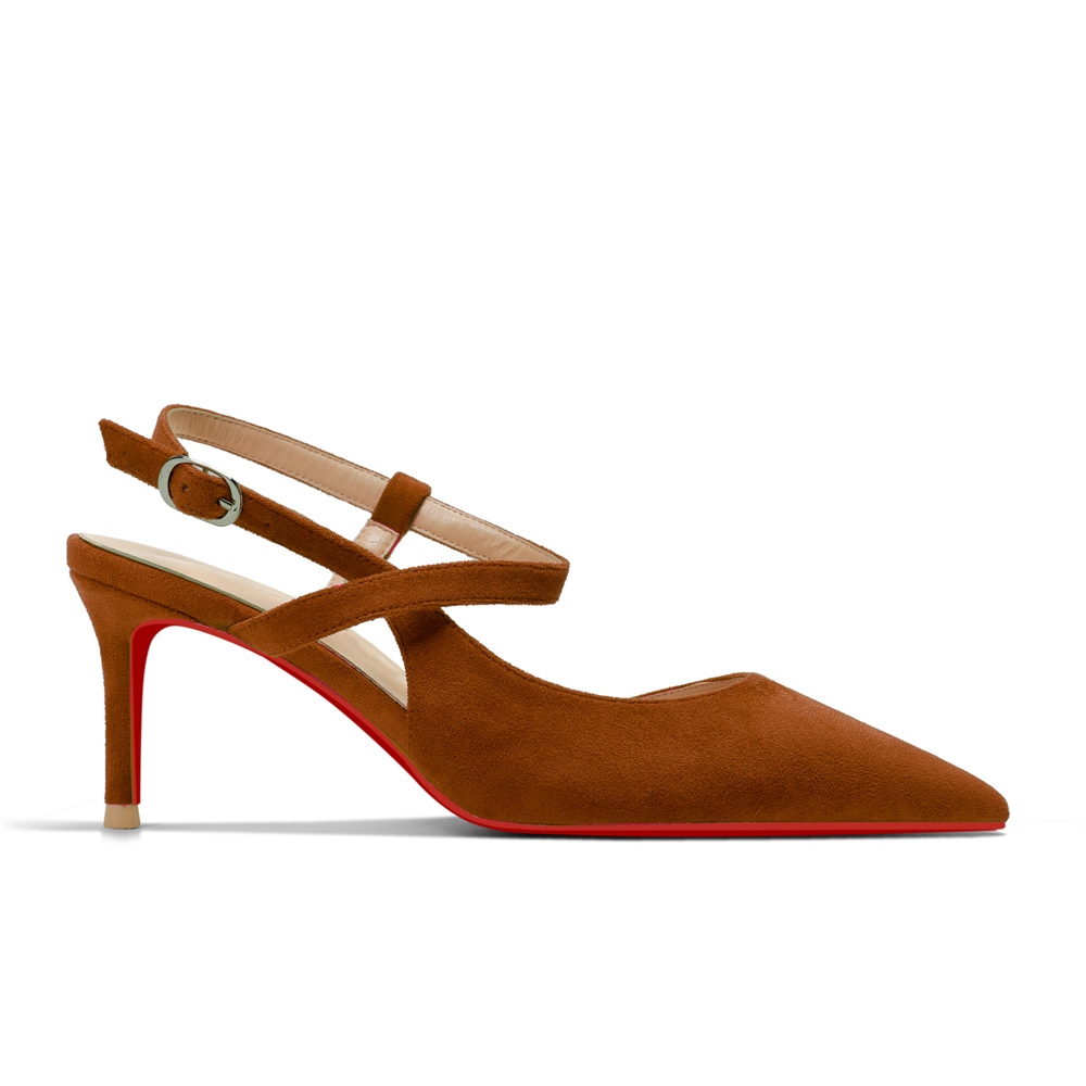 65mm Women Slingback Pumps Ankle Strap Red Bottom Stiletto Mid Heel Close Pointed Toe Daily Summer Suede Sandals-MERUMOTE