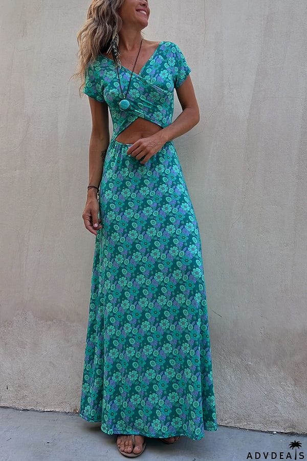 Coastal Kisses Floral Hollow Reversible Two Ways Stretch Maxi Dress