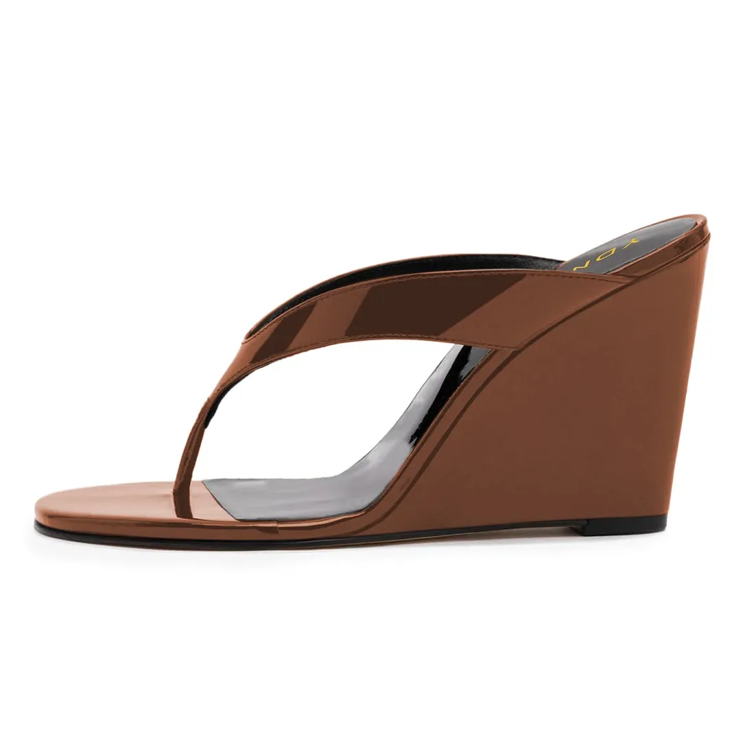 Patent Leather Open Round Toe Slip-On Wedge Sandals in Brown