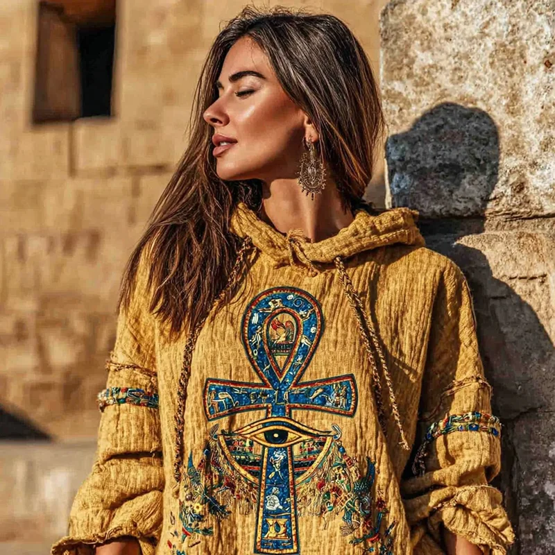 Women's Vintage Egyptian Ankh And Eye Of Horus Embroidered Cozy Hoodie