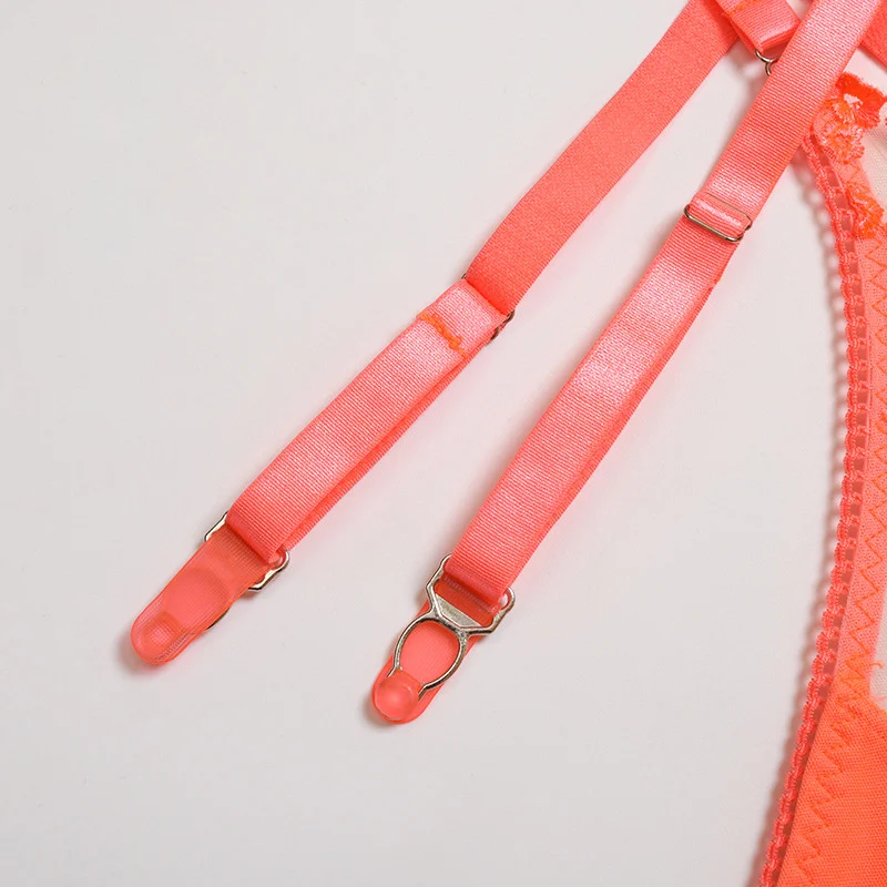 Billionm Women Sexy Lingerie Sex Sensual Bra and Panty 3 Pieces Set with Garter Belt Neon Color Lace Underwear Floral Embroidery Lingerie