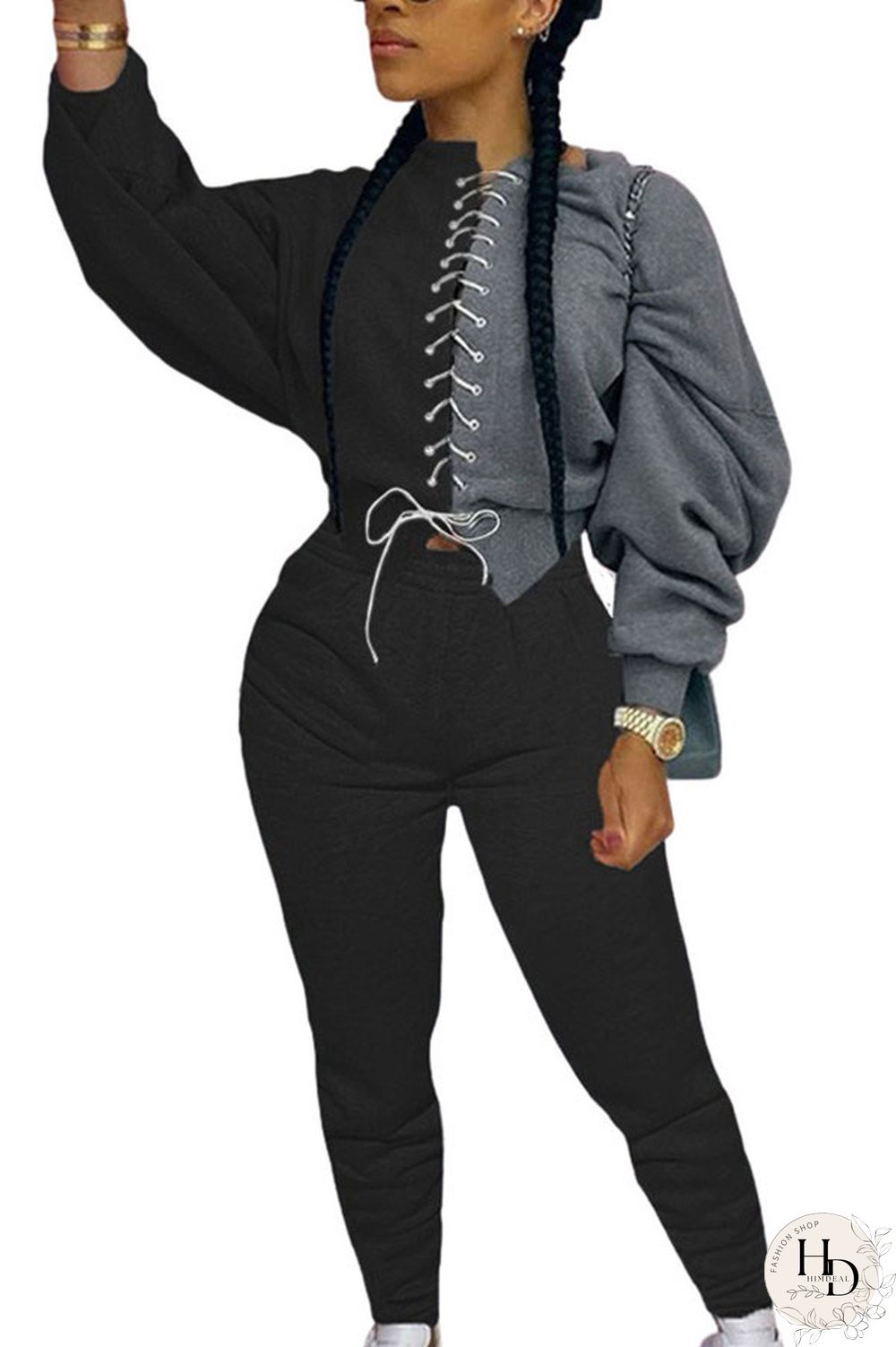 Grey Sexy Solid Patchwork O Neck Long Sleeve Short Two Pieces