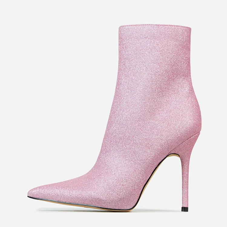 Classy Pink Glitter Sparkling Boots Pointy Toe Stiletto Heel Booties |FSJ Shoes