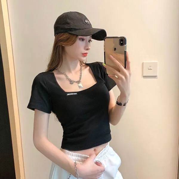 Brownm Brownm French Square Collar Short High Waist Crop Short Sleeve T-Shirt Women's Slim 2024 Summer Bottom Top Fashion