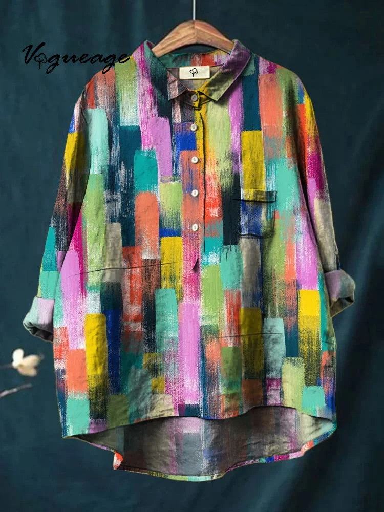 Colorful Bright Vertical Stripes Printed Cotton And Linen Shirt