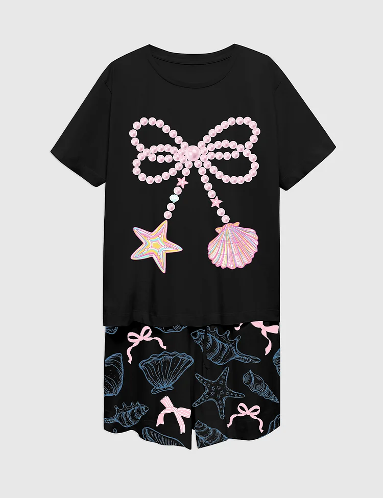 Women&rsquo;s Coastal Seashell Starfish Preppy Summer Vibes Pink Clam Beach Girls Trip Short Sleeve Pajama Set
