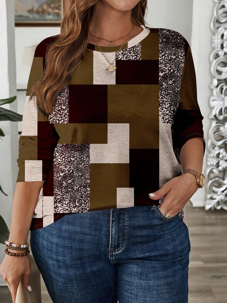 Plus Size Womens Vintage Casual Color Block Print Round-neck Long Sleeve T-Shirt Autumn